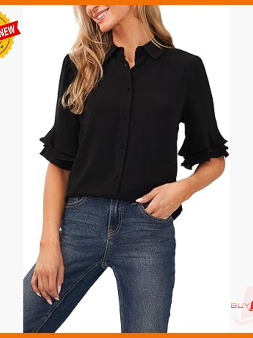 Ruffle Sleeve Button Up Blouse Regular Fit Polyester Blend
